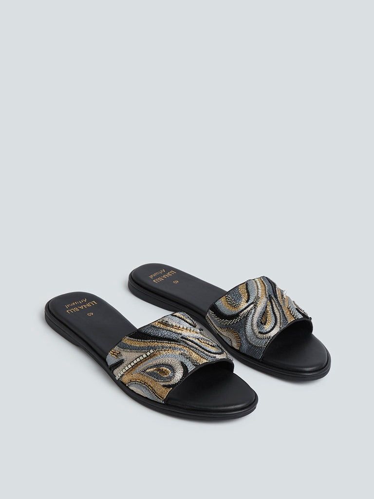 LUNA BLU Black Textured Artisanal Slides